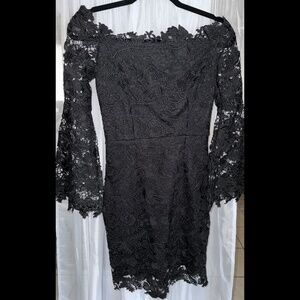Design Lab Lord and Taylor black lace bell sleeve mini dress